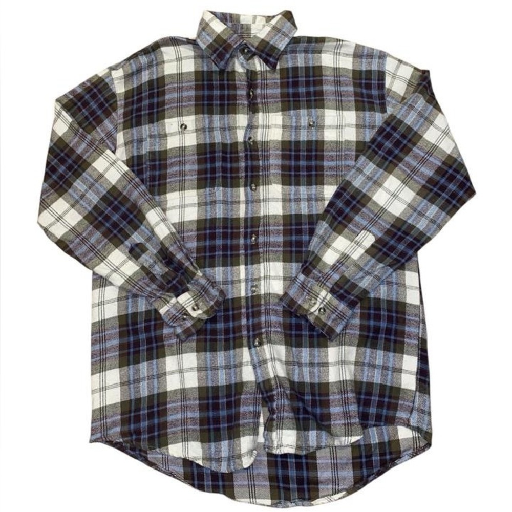 Green, brown, and cream button up plaid flannel shirt